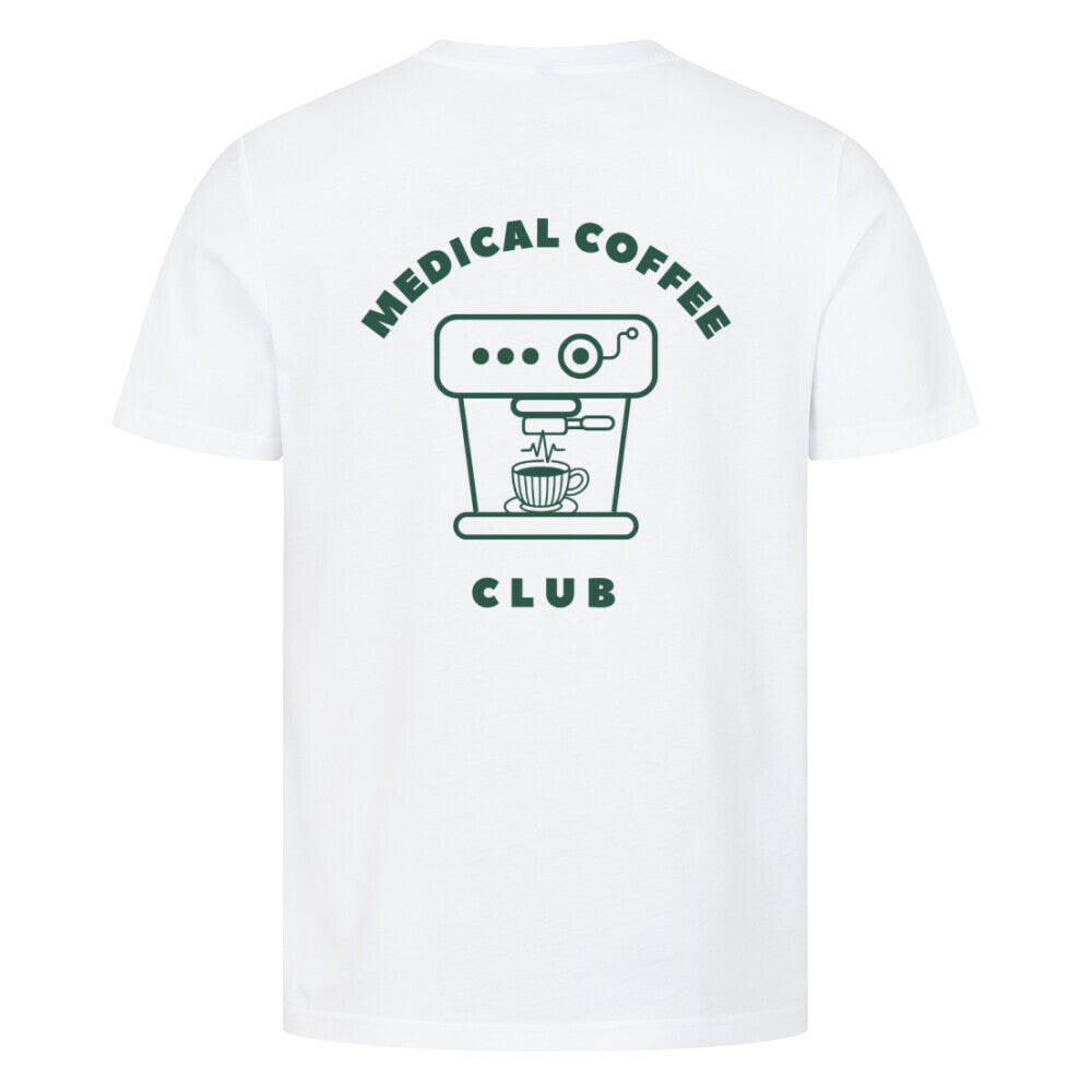 Weißes T-Shirt Rückseite mit Aufdruck Medical Coffee Club und Kaffetasse und Kaffemaschine