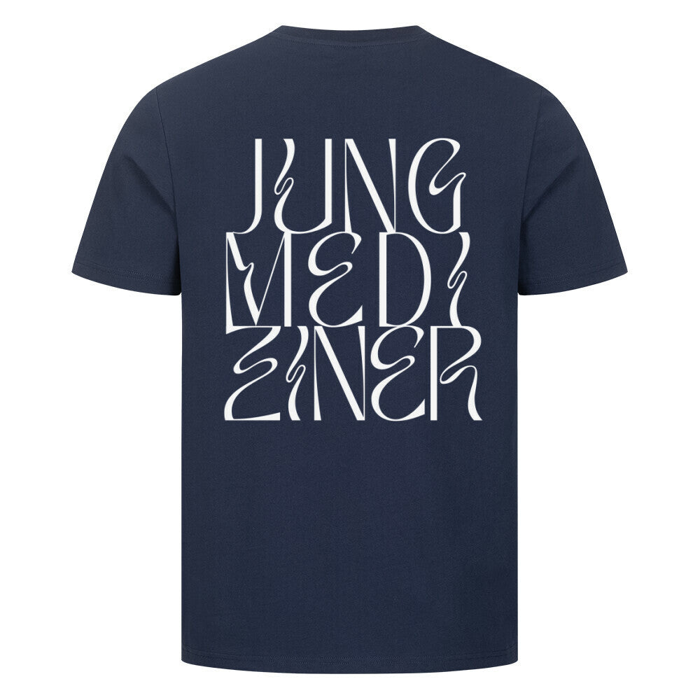 Blaues T-Shirt Rückseite mit Aufdruck Schriftzug Jungmediziner