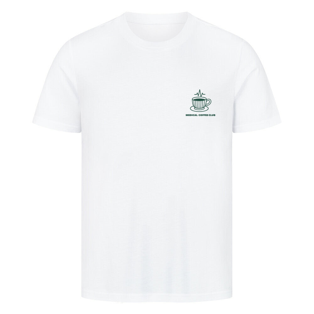 Weißes T-Shirt Vorderseite mit Aufdruck Medical Coffee Club und Kaffetasse